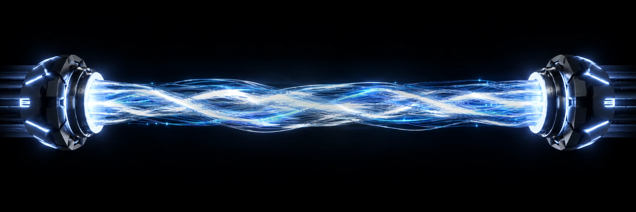 Dark mechanical terminals connected by glowing blue-white optical fibres